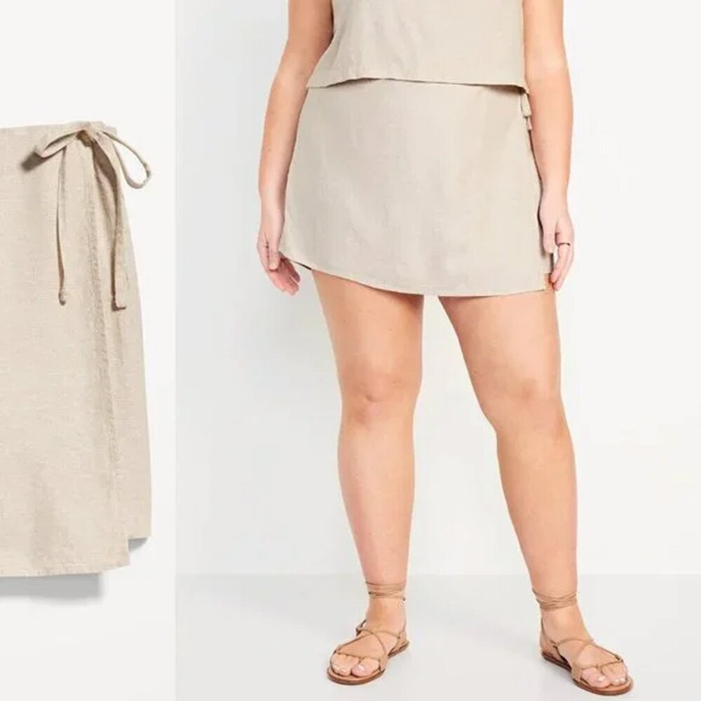 Old Navy Linen Blend Wrap Tie Skort | Size XXL | Natural Beige | Elastic Waist